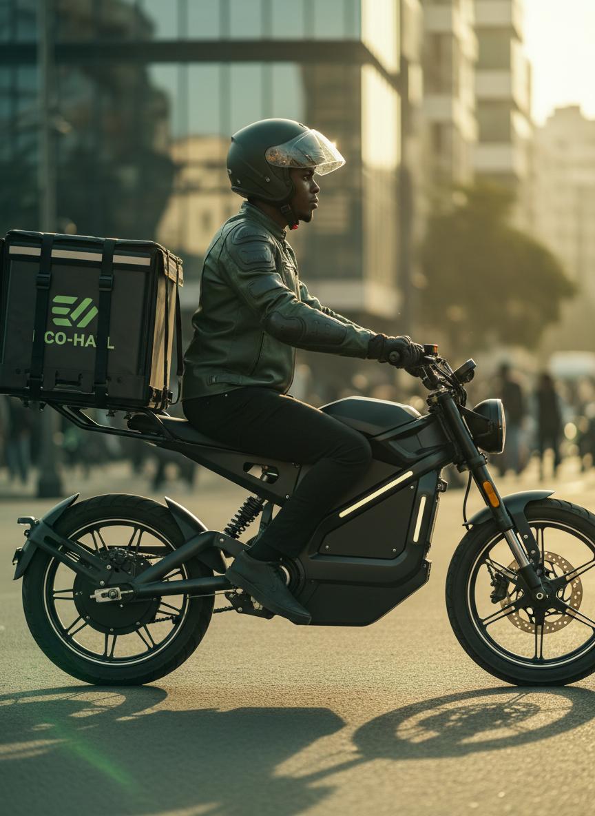 Rider on an electric delivery bike in the city