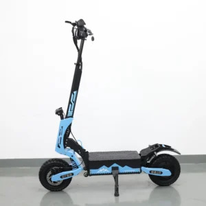 Blue electric scooter with wide off-road tyres